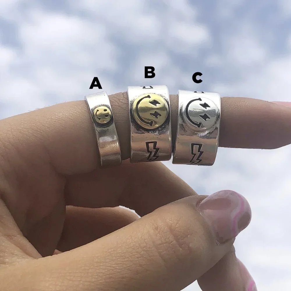 Rings for Men, Statement Rings, Smiley Face Ring, Happy Face Ring, Adjustable Ri